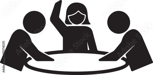 Three people sitting around a table with one raising their hand