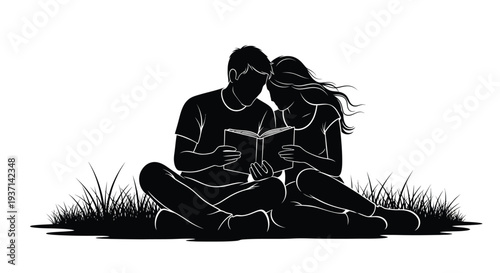 Couple reading together in a field depicted as a striking silhouette