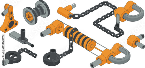 Isometric industrial rigging hardware with chains hooks pulleys connectors and heavy duty lifting components engineering equipment illustration