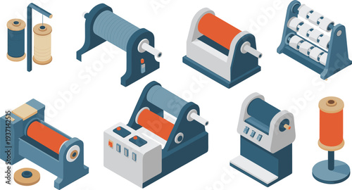 Isometric industrial wire and cable winding machines with spools rollers textile manufacturing equipment factory production illustration