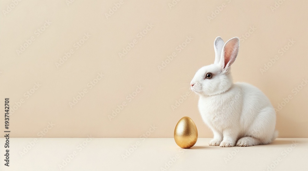 Obraz premium White rabbit sitting next to a golden egg on a beige background. Easter holiday concept with copy space. Minimalist studio shot of a fluffy bunny and metallic egg for banner or greeting card