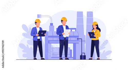 Industrial Engineering Team Supervising Production at Modern Factory - Flat Vector Illustration