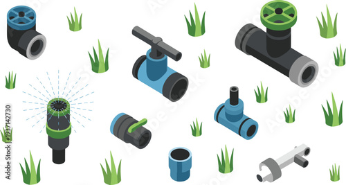 Isometric irrigation system components set with garden valves sprinkler pipe fittings and water connectors landscaping watering equipment illustration