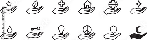 Hand holding a heart thin line icon set. Love, care, support, charity, and health symbols collection.