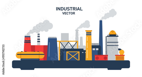 Modern Industrial Complex Flat Design Vector Illustration. Factory Buildings, Power Plant & Manufacturing Facilities with Smoking Chimneys. Industry & Production