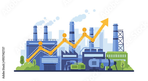Industrial Growth and Economic Development with Factory and Upward Trending Profit Chart. Manufacturing Business Success Concept.