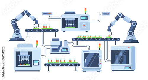 Robotic Automation in Smart Factory Lab: Production Line with Automated Arms & Test Tubes