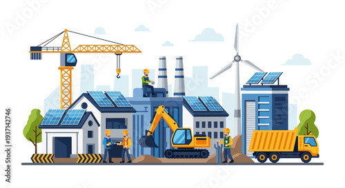 Green Energy Construction: Sustainable Urban Development with Solar Panels, Wind Turbine & Industrial Growth