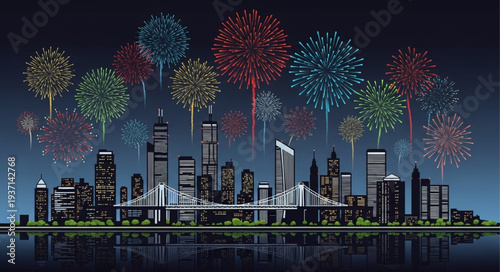 City Skyline with Fireworks Display at Night.