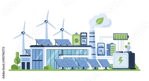 Renewable Energy Ecosystem Illustration: Sustainable Power Generation with Solar, Wind, Hydrogen & Battery Storage for a Green Future and Smart Grid