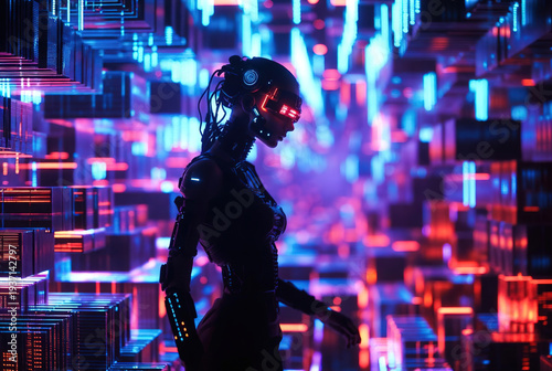 Futuristic female robot silhouette standing in a neon glowing digital grid. Best for artificial intelligence, sci-fi, or gaming industries.