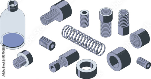 Isometric mechanical parts set with threaded bolts spring rings cylinders and industrial metal components engineering manufacturing illustration collection