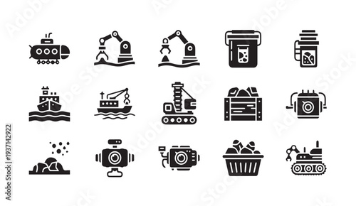 Industrial mining icons set with machinery and equipment