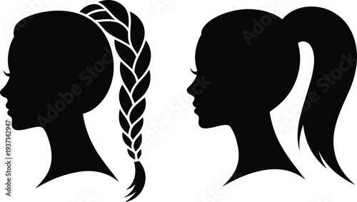 Girls hairstyle silhouette vector set, female profile with braid and ponytail, woman head icon, beauty salon hairstyle illustration design