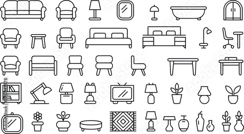 Variety of line art icons illustrating furniture and household objects sofa armchair