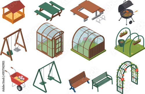 Isometric illustration of outdoor garden elements including picnic tables, swing sets, benches, arches, wheelbarrow, grill, sandbox, and greenhouses for landscaping and design projects