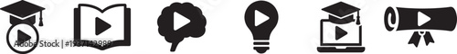 Graduate cap on play button thin line icon set. Education, online learning, and e-learning symbols.
