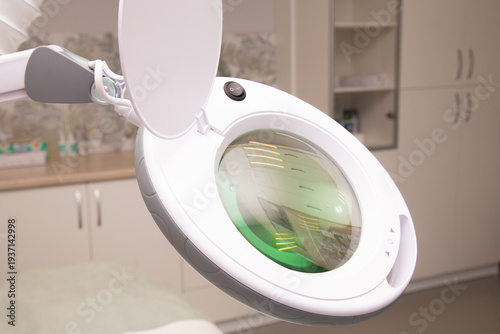 Closeup of cosmetological hardware in modern medical esthetic office