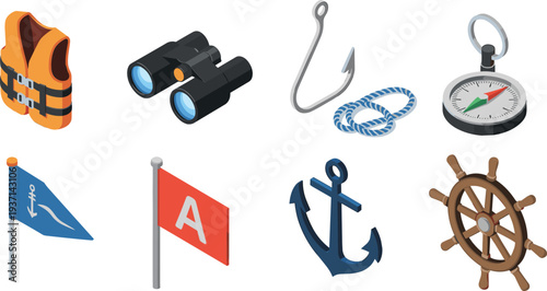 Isometric nautical and marine equipment set with anchor compass binoculars rope hook life jacket ship wheel illustration