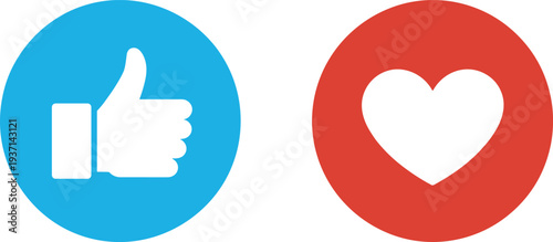 White Thumbs Up Icon in Blue Circle and White Heart Icon in Red Circle like social media