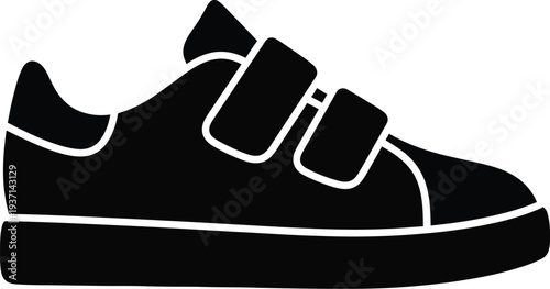Velcro Strap Sneaker Black Solid Glyph Icon – Flat Vector Velcro Shoe Silhouette for Sports, Fashion & UI Design