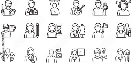 Creative jobs thin line icon set with designer, artist, writer, developer, and creative profession symbols.