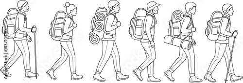 Hikers walking with backpacks illustration set, trekking and hiking people outline characters, outdoor adventure travel vector collection