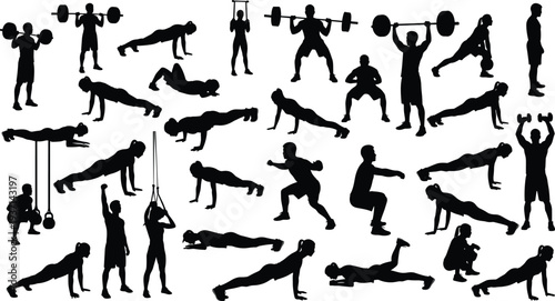 Fitness Workout Silhouette Set Vector Illustration Gym Exercises Including Push Ups Squats Weightlifting Training Athlete Collection Isolated Design