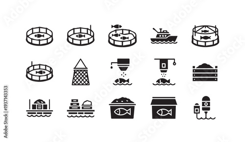 Fish farming and aquaculture industry icons with cages and boats
