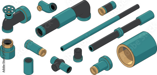Isometric plumbing pipe fittings set with valves connectors elbows couplings and pipes for water supply and plumbing system illustration