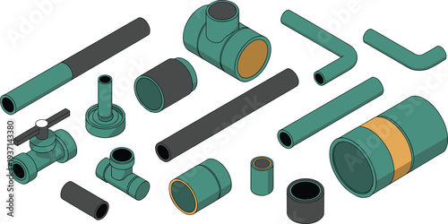 Isometric plumbing pipes and fittings collection with connectors elbows valves couplings and pipe sections for water supply system illustration