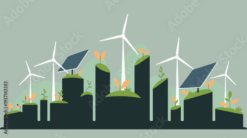 Green energy city skyline with wind turbines and solar panels