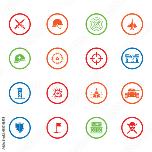 Set of colorful icons representing military and emergency themes for crisis management and defense strategy