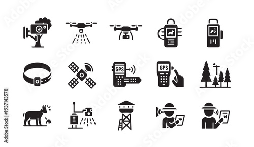Tracking technology icons for modern surveillance and navigation systems