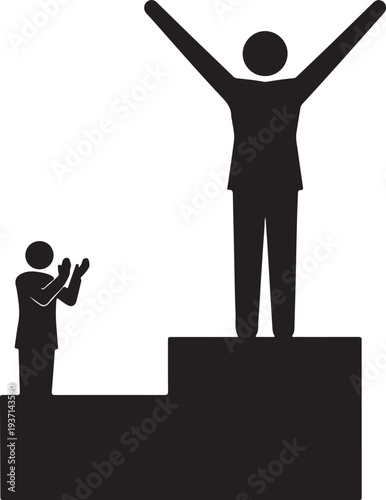 Silhouette of triumphant figure standing on podium with another figure below