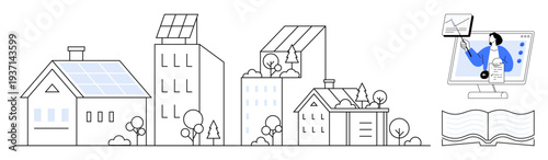 Sustainable energy. Solar panels on houses and buildings promote sustainable energy for urban efficiency. Sustainable energy solutions drive environmental responsibility. For eco-living, green tech