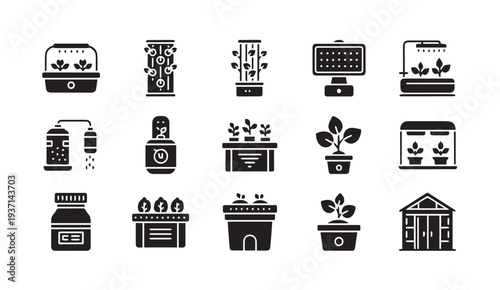 Black icons of modern hydroponic systems and plant growth