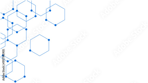 Modern blue molecular structure graphic with hexagons and connections