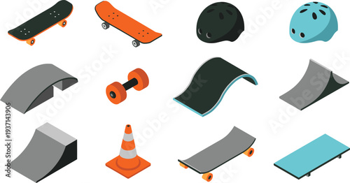 Isometric skateboard park equipment set, skateboards, helmets, ramps, cones, skateboarding gear extreme sports vector illustration collection