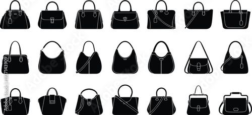 Set of Women Handbag Silhouettes Featuring Various Fashion Bag Styles Like Totes Satchels and Purses for Retail and Accessory Design Projects