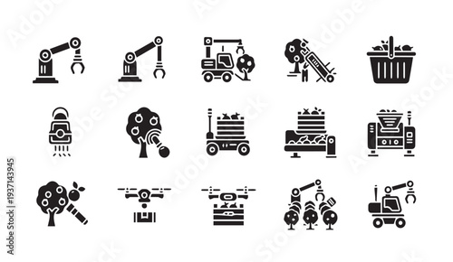 Modern agricultural technology and automation icons for business and industry