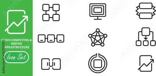 Cloud Computing and Server Infrastructure Line Icons: SaaS Data Center, Hardware Network Nodes, and Secure User Management Symbols