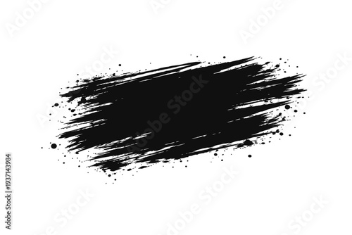 Black grunge brush stroke with paint splatter, abstract texture. Ideal design element or artistic background. This expressive vector graphic is modern, monochrome, and versatile for banners, overlays,