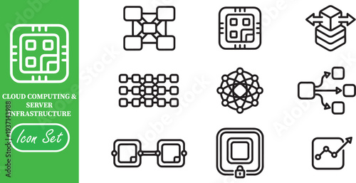 Cloud Computing and Server Infrastructure Line Icon Set: SaaS User Management, Reliable Database Hosting, and Secure Network System Symbols