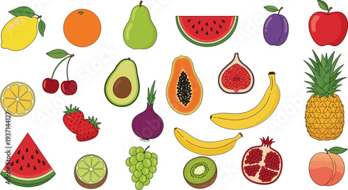 Colorful Fresh Fruit Collection Vector Illustration Featuring Apple, Banana, Pineapple, Watermelon, Avocado, Papaya, Kiwi, Grapes, Strawberry, Cherry, Citrus and Tropical Fruits
