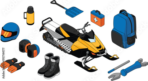 Isometric snowmobile with winter gear set including helmet boots gloves backpack tools and first aid kit illustration