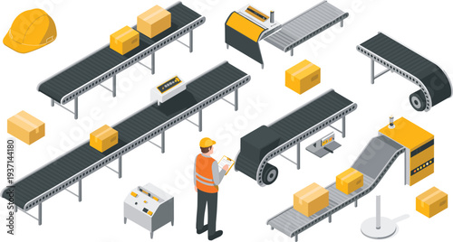 Isometric warehouse conveyor belts with packages worker inspection station and automated logistics distribution system industrial packaging line illustration