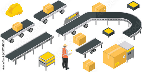 Isometric warehouse logistics conveyor system with packages worker inspection station automated parcel sorting distribution center equipment illustration