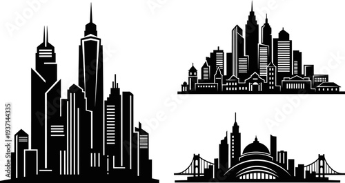 city skylines with buildings and bridges in black silhouette on white background