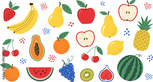 Colorful Fresh Fruit Collection Vector Illustration Featuring Banana, Apple, Pear, Pineapple, Watermelon, 